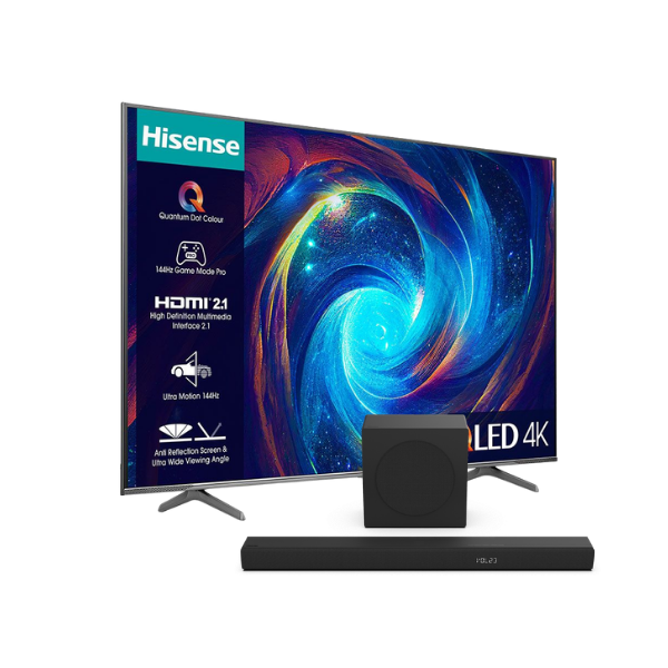 65 inch Hisense QLED TV with soundbar